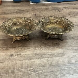 Vintage Italian Brass Footed Bowls Intricate Lattice Details Removeable Base